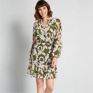 Hutch Medusa Moments Green Pink Mini Ruffle Long Sleeve Mini Dress Size L